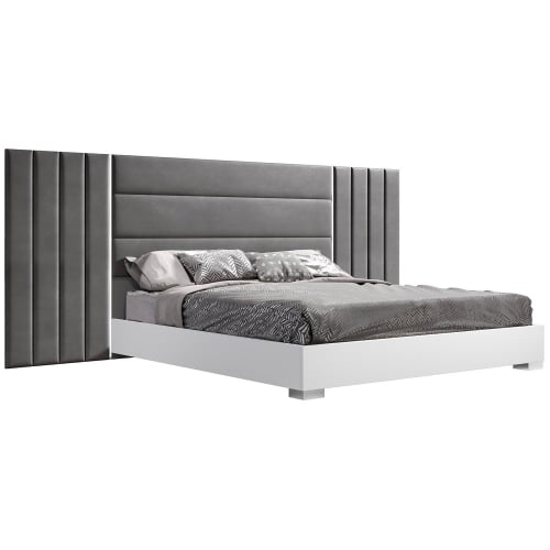 Nina Queen Bed w/ Oversize Headboard in Grey Velvet, Chrome & Gloss White